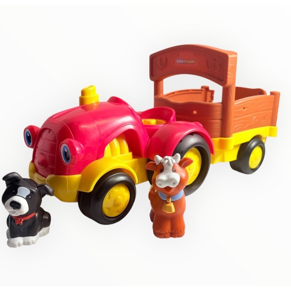 2011 Little People Tow 'n Pull Tractor Wagon with Sounds & 2022 Dog and 1997 Cow